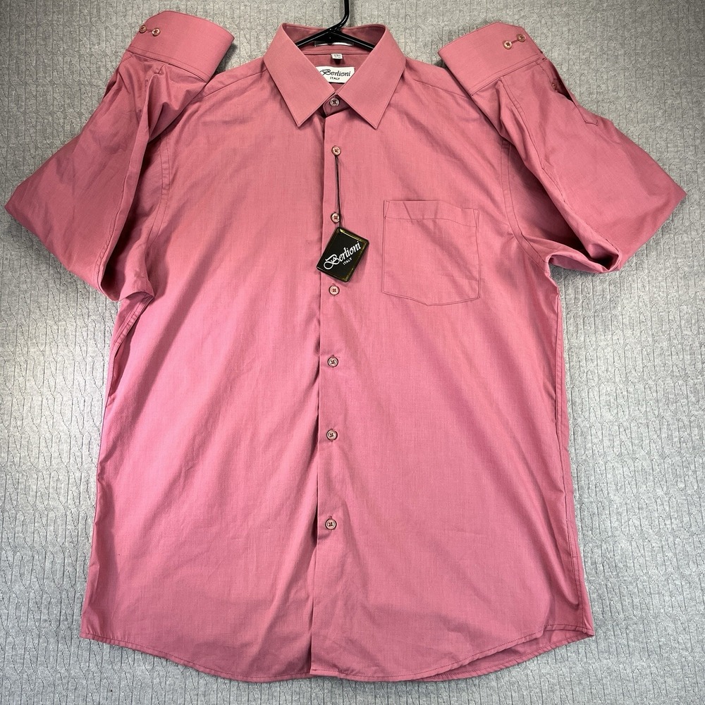 New Berlioni Dress Shirt Mens L Pink Solid Long Sleeve Button Up Collared Italy